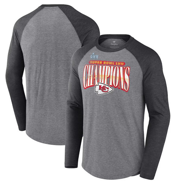 Men's Kansas City Chiefs Gray Charcoal Super Bowl LVII Champions Rewrite History Raglan Long Sleeve 