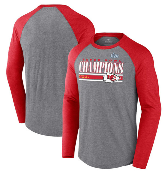 Men's Kansas City Chiefs Gray Red Super Bowl LVII Champions Perfect Addition Tri-Blend Raglan Long S