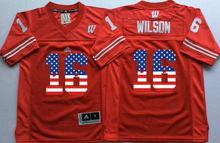 Wisconsin Badgers 16 Russell Wilson Red USA Flag College Jersey