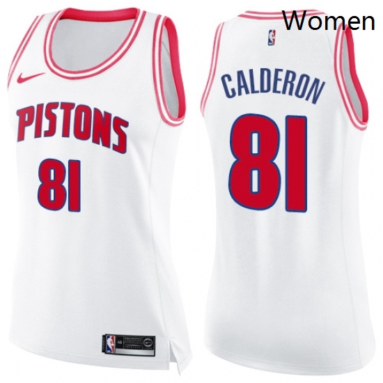 Womens Nike Detroit Pistons 81 Jose Calderon Swingman White Pink Fashion NBA Jersey