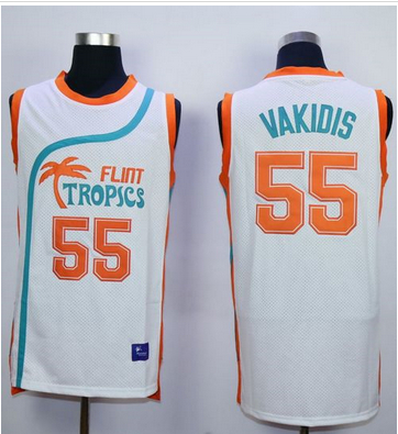 Flint Tropics #55 Vakidis White Semi-Pro Movie Stitched Basketball Jersey