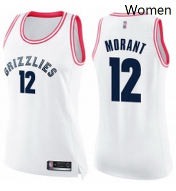 Womens Nike Memphis Grizzlies 12 Ja Morant White Pink NBA Swingman Fashion Jersey