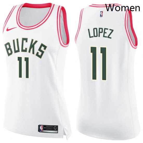 Womens Nike Milwaukee Bucks 11 Brook Lopez Swingman White Pink Fashion NBA Jersey