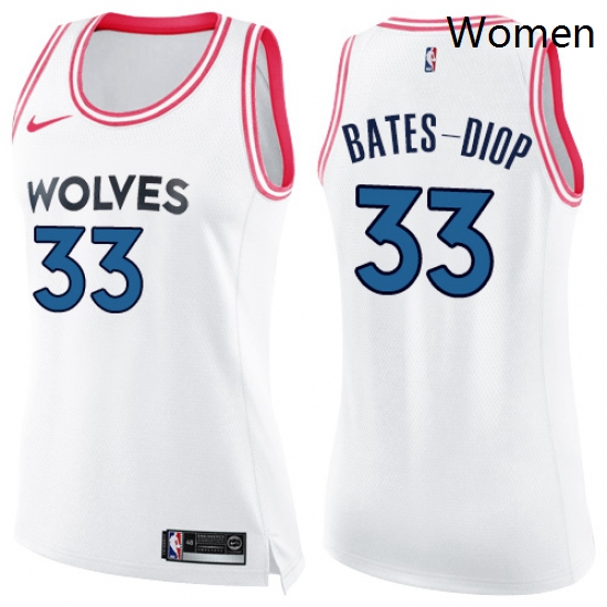 Womens Nike Minnesota Timberwolves 33 Keita Bates Diop Swingman White Pink Fashion NBA Jersey