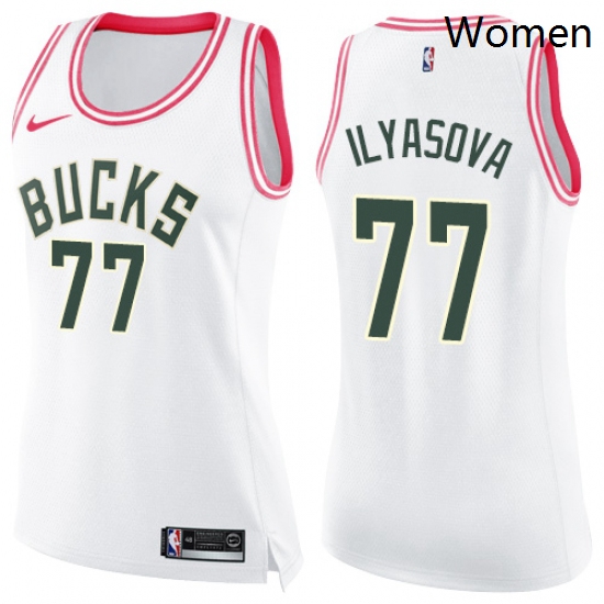 Womens Nike Milwaukee Bucks 77 Ersan Ilyasova Swingman White Pink Fashion NBA Jersey