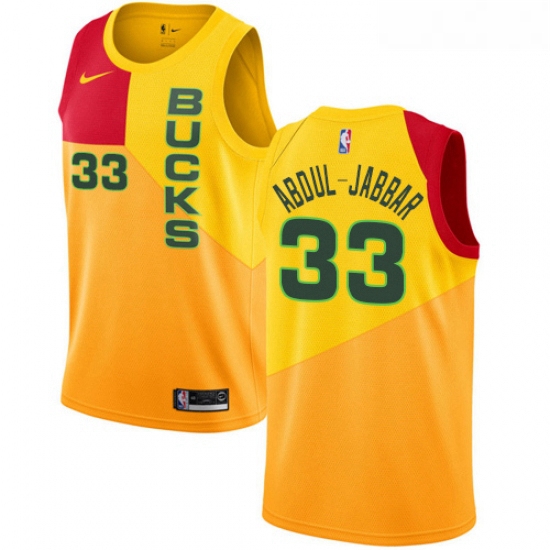 Womens Nike Milwaukee Bucks 33 Kareem Abdul Jabbar Swingman Yellow NBA Jersey City Edition