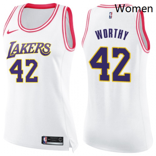 Womens Nike Los Angeles Lakers 42 James Worthy Swingman WhitePink Fashion NBA Jersey