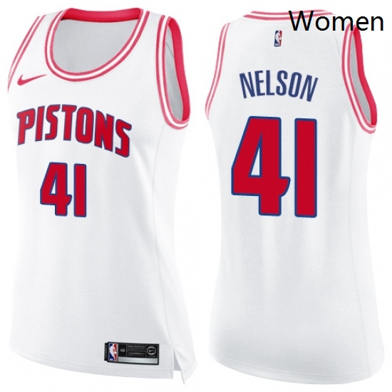 Womens Nike Detroit Pistons 41 Jameer Nelson Swingman White Pink Fashion NBA Jersey