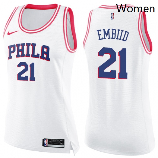 Womens Nike Philadelphia 76ers 21 Joel Embiid Swingman WhitePink