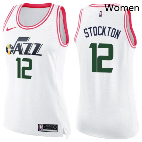 Womens Nike Utah Jazz 12 John Stockton Swingman WhitePink Fashion NBA Jersey