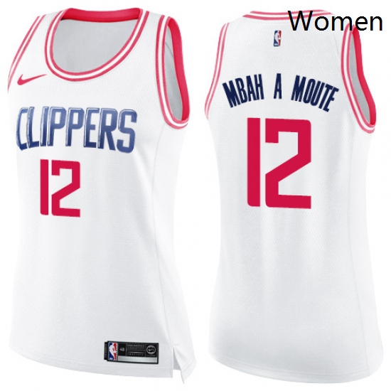 Womens Nike Los Angeles Clippers 12 Luc Mbah a Moute Swingman White Pink Fashion NBA Jersey