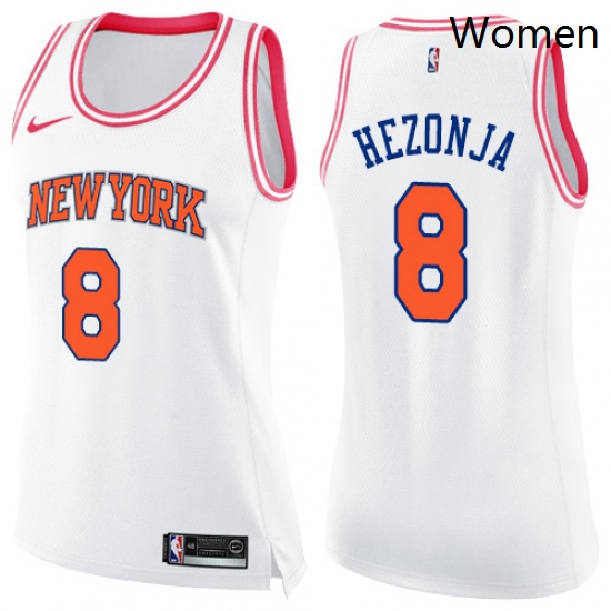 Womens Nike New York Knicks 8 Mario Hezonja Swingman White Pink Fashion NBA Jersey