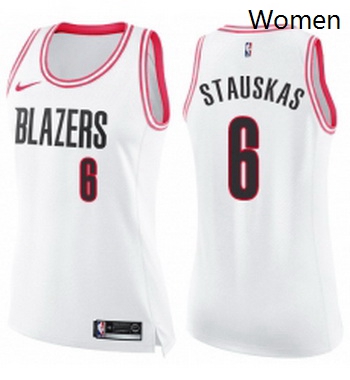 Womens Nike Portland Trail Blazers 6 Nik Stauskas Swingman White Pink Fashion NBA Jersey