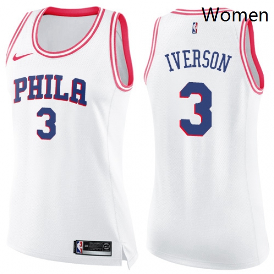 Womens Nike Philadelphia 76ers 3 Allen Iverson Swingman WhitePink Fashion NBA Jersey