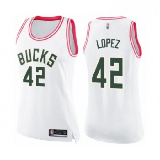 Womens Milwaukee Bucks 42 Robin Lopez Swingman White Pink Fashion Basketball Jersey