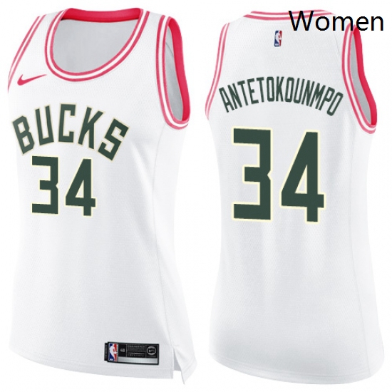 Womens Nike Milwaukee Bucks 34 Giannis Antetokounmpo Swingman WhitePink Fashion NBA Jersey