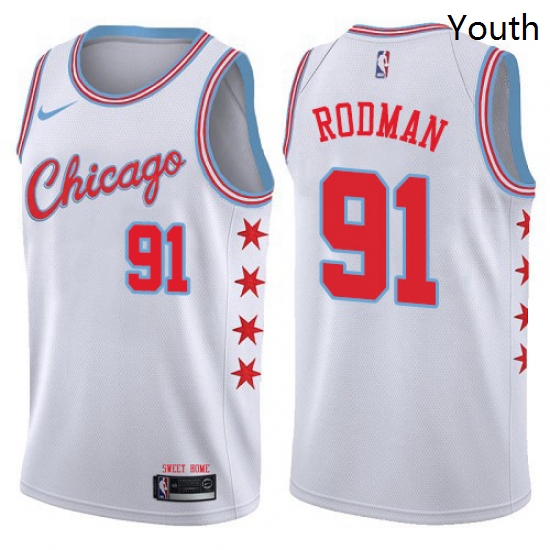 Youth Nike Chicago Bulls 91 Dennis Rodman Swingman White NBA Jersey City Edition