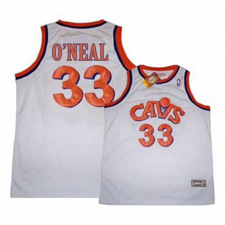 Mens Mitchell and Ness Cleveland Cavaliers 33 Shaquille ONeal Authentic White CAVS Throwback NBA Jer