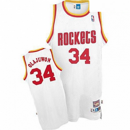 Mens Mitchell and Ness Houston Rockets 34 Hakeem Olajuwon Swingman White Throwback NBA Jersey