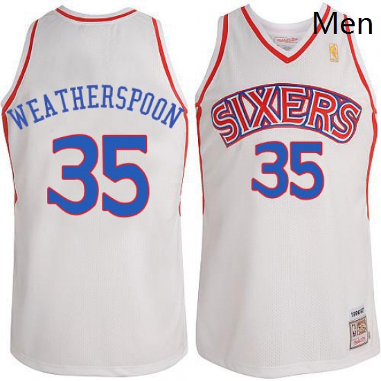 Mens Adidas Philadelphia 76ers 35 Clarence Weatherspoon Authentic White Throwack NBA Jersey