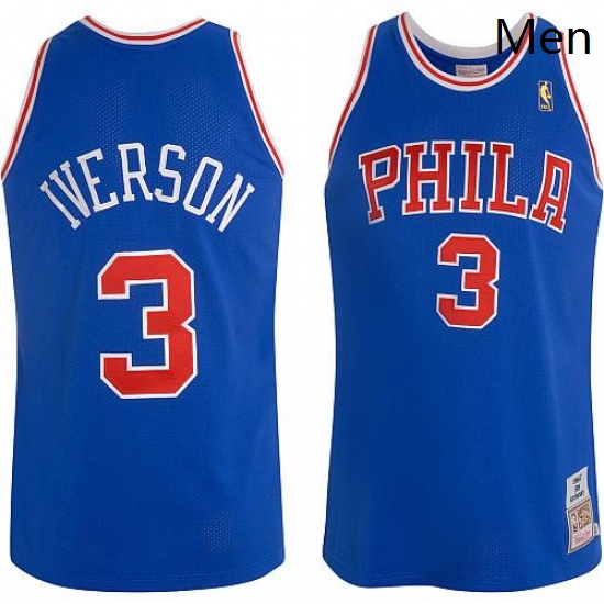 Mens Mitchell and Ness Philadelphia 76ers 3 Allen Iverson Authentic Blue Throwback NBA Jersey