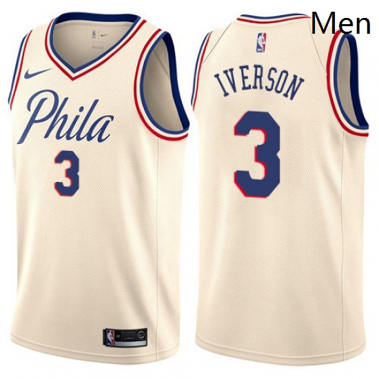 Mens Nike Philadelphia 76ers 3 Allen Iverson Authentic Cream NBA Jersey City Edition