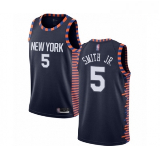 Mens New York Knicks 5 Dennis Smith Jr Authentic Navy Blue Basketball Jersey 2018 19 City Edition