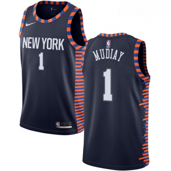 Mens Nike New York Knicks 1 Emmanuel Mudiay Swingman Navy Blue NBA Jersey 2018 19 City Edition