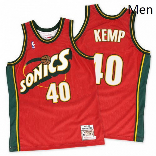 Mens Mitchell and Ness Oklahoma City Thunder 40 Shawn Kemp Swingman Red SuperSonics Throwback NBA Je