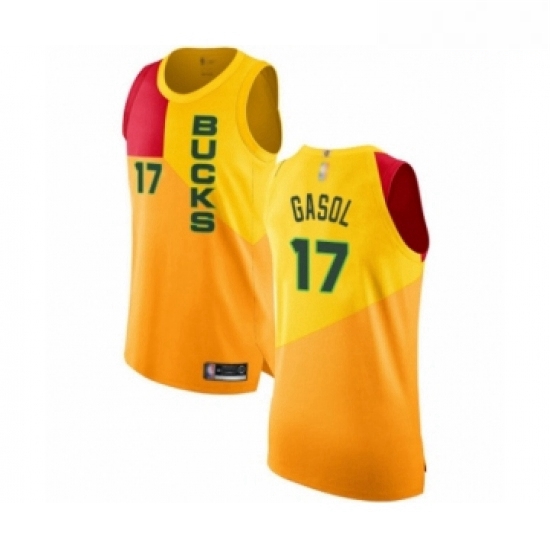 Mens Milwaukee Bucks 17 Pau Gasol Authentic Yellow Basketball Jersey City Edition