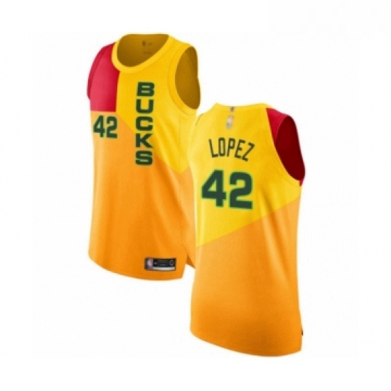 Mens Milwaukee Bucks 42 Robin Lopez Authentic Yellow Basketball Jersey City Edition