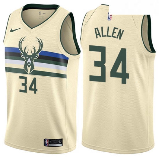 Mens Nike Milwaukee Bucks 34 Ray Allen Authentic Cream NBA Jerse