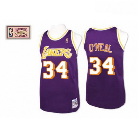 Mens Mitchell and Ness Los Angeles Lakers 34 Shaquille ONeal Swingman Purple Throwback NBA Jersey