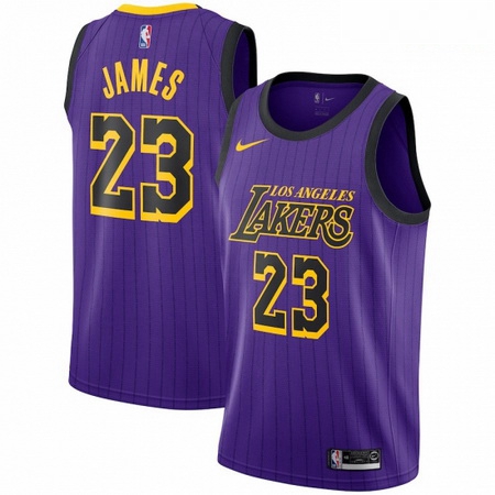 Mens Nike Los Angeles Lakers 23 LeBron James Swingman Purple stripe NBA Jersey