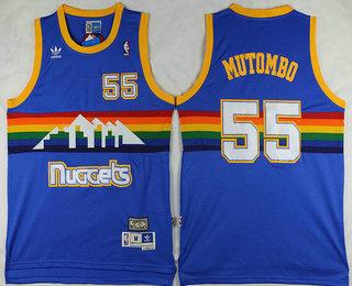 Men Denver Nuggets 55 Dikembe Mutombo Blue Rainbow Hardwood Classics Soul Swingman Throwback Jersey