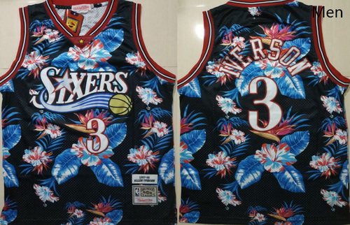 76ers 3 Allen Iverson Black 1997 98 Hardwood Classics Floral Fashion Swingman Jersey