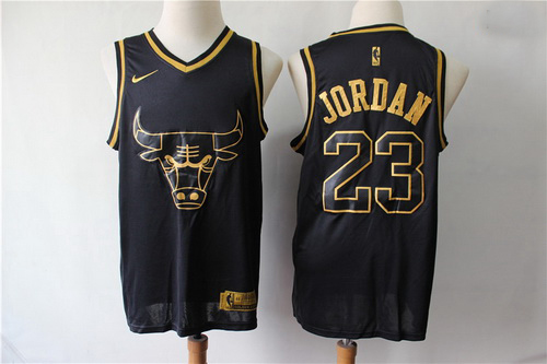 Bulls 23 Michael Jordan Black Gold Nike Swingman Jersey