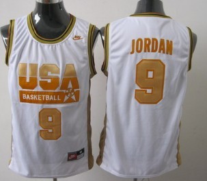 1992 Olympics Team USA 9 Michael Jordan White With Gold Swingman Jersey