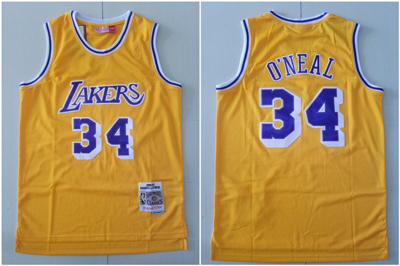 Lakers 34 Shaquille O Neal Yellow 1996 97 Hardwood Classics Jersey