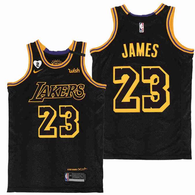 Men Lakers 23 Lebron James Gigi Bryant Number 2 Patch Black Mabma Edition NBA Jersey