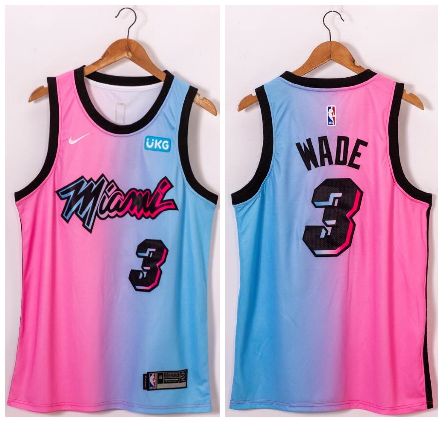 Men Miami Heat 3 Dwyane Wade Blue Pink Nike 2021 City Edition Swingman Jersey