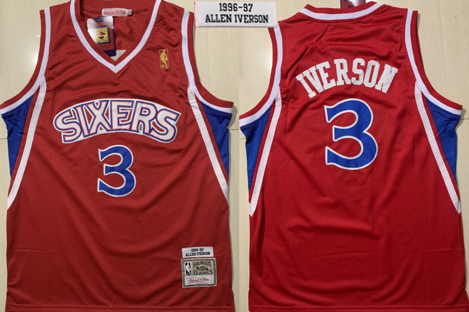 Men Philadelphia 76ers 3 Allen Iverson Red 1996 1997 Hardwood Classics Jersey