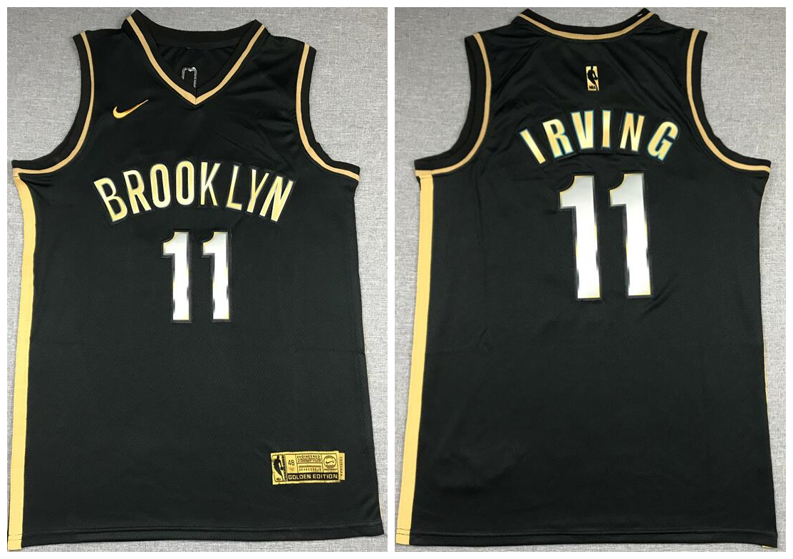 Men Brooklyn Nets 11 Kyrie Irving Black Gold 2021 Nike Swin