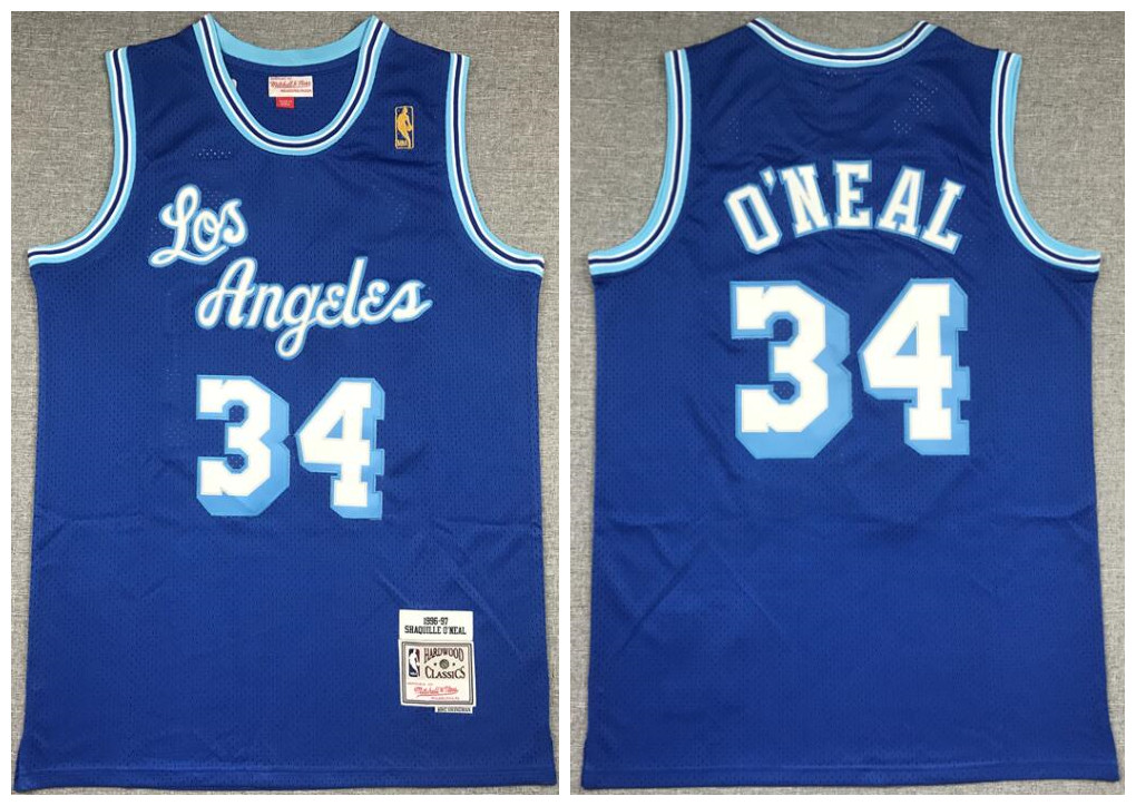 Men Los Angeles Lakers 34 Shaquille O 27Neal Blue 1996 97 Hardwood Classics Mesh Jersey