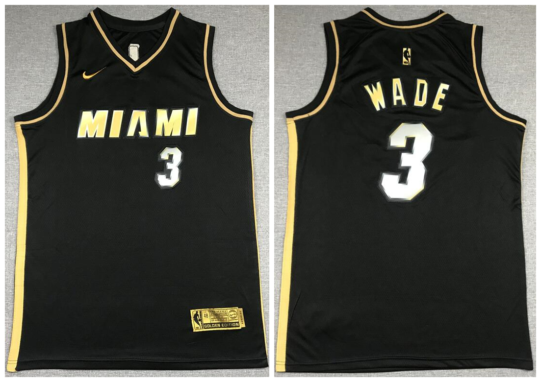 Men Miami Heat 3 Dwyane Wade Black Gold 2021 Nike Swin