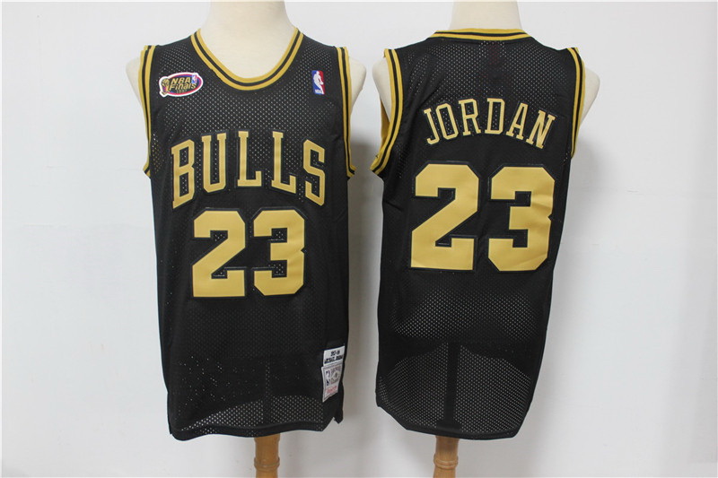 Men Chicago Bulls 23 Michael Jordan Black Gold NBA Finals Patch Jersey