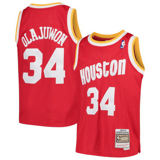 Men Houston Rockets Hakeem Olajuwon 34 Red Mitchell Ness NBA Jer