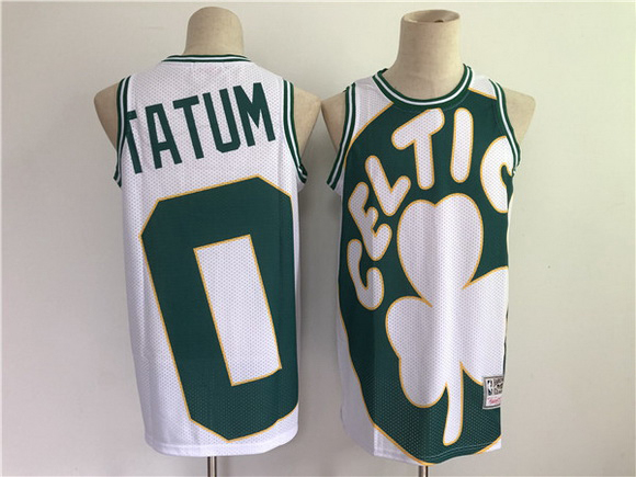 Men Men Boston Celtics 0 Jayson Tatum White and Green Big Face Throwback Stitched Jers