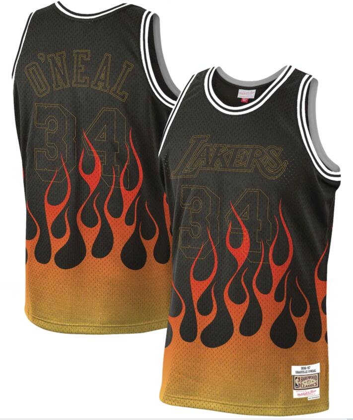 Los Angeles Lakers 34 Shaquille O 27Neal Black 1996 97 Hardwood Classics Flames Swingman Jersey