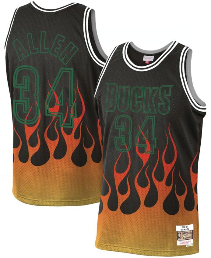 Milwaukee Bucks 34 Ray Allen Black 1996 97 Hardwood Classics Flames Swingman Jersey